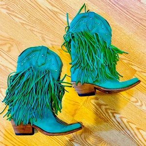 Suede leather turquoise fringe cowboy boot sz 9